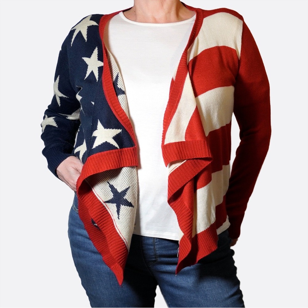 American Flag Waterfall Cardigan Stars Stripes Lightweight Knit Open Front 0X L